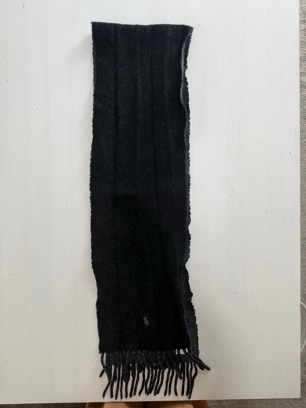 Ralph Lauren Dark Gray Wool Blend Scarf Embroidered Logo Fringe